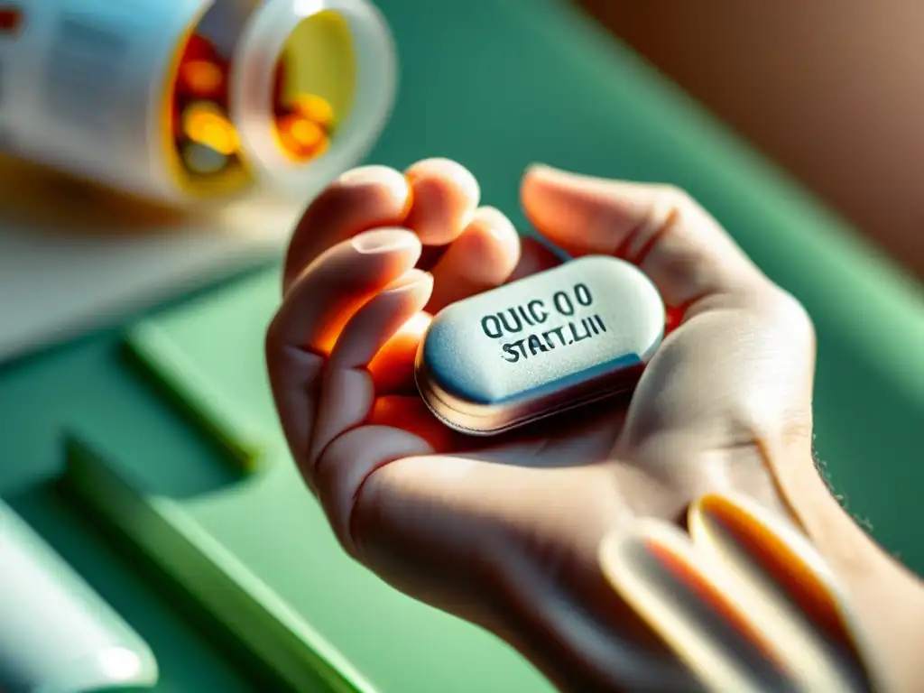 Mano sosteniendo estatina y CoQ10 Una mano sostiene dos pastillas, una estatina y un suplemento de CoQ10, en un entorno médico tranquilo y equilibrado