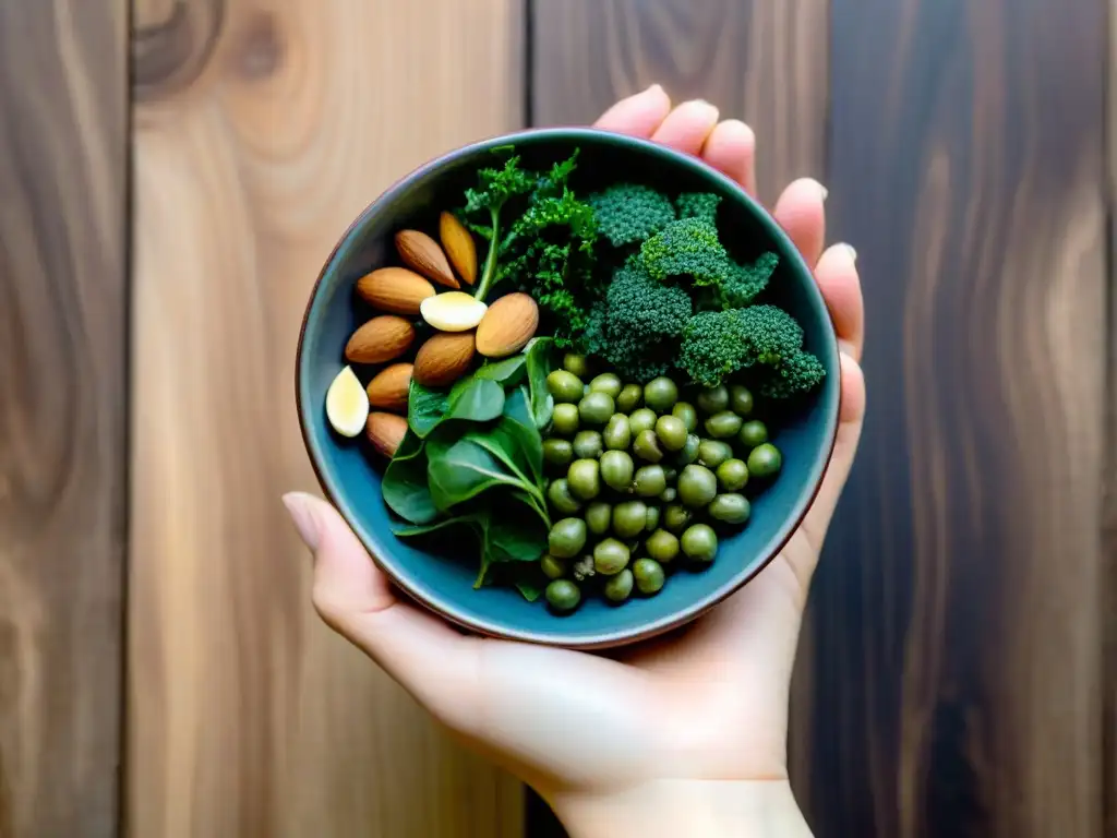 Deliciosos alimentos ricos en magnesio para diabéticos Mano sosteniendo una pequeña ensalada de hojas verdes, nueces y semillas, ricas en magnesio