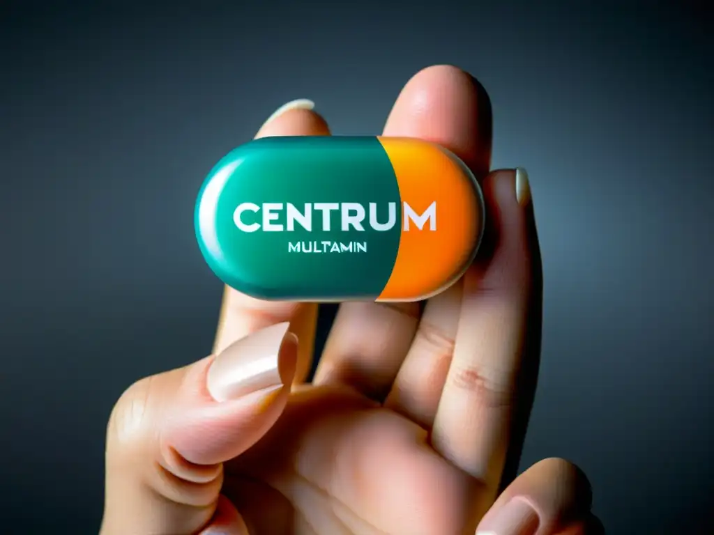 Detalles impresionantes: mano sosteniendo Centrum multivitamínico Una mano sostiene una píldora Centrum, con detalles visibles