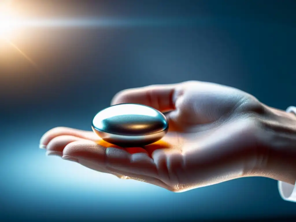 Suplemento de zinc: precisión científica en alta resolución Una mano sostiene una píldora de suplemento de zinc brillante en un entorno de laboratorio moderno, transmitiendo precisión y confianza