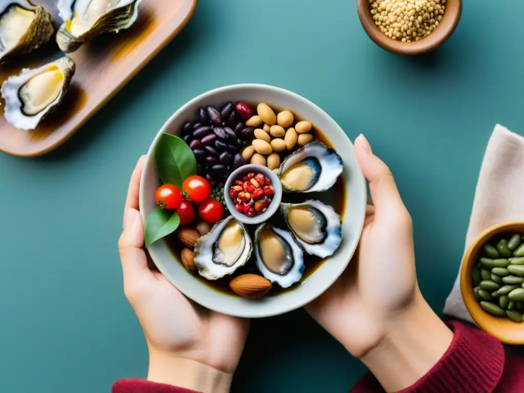 Alimentos ricos en zinc: clave para fertilidad y sistema inmune Mano sosteniendo plato con alimentos ricos en zinc