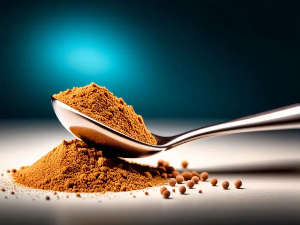 Una mano vierte con precisión un suplemento deportivo en cucharas de medir, destacando la meticulosidad