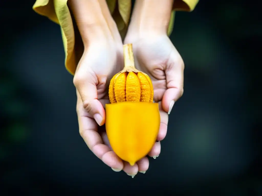 Mano sosteniendo raíz de cúrcuma amarilla vibrante Una mano sostiene una raíz de cúrcuma amarilla con gotas de agua, resaltando sus beneficios para la ansiedad