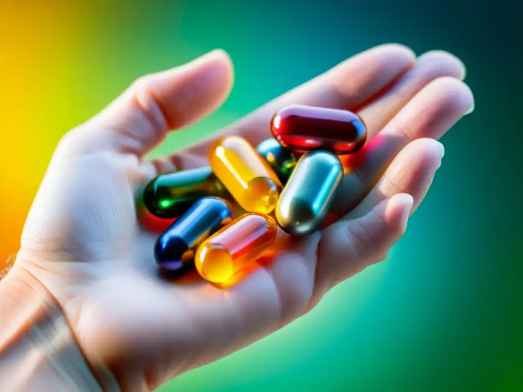 Mano sosteniendo cápsulas multivitamínicas Una mano sostiene una selección de llamativas y variadas cápsulas de multivitaminas de alta calidad, destacando sus colores y texturas