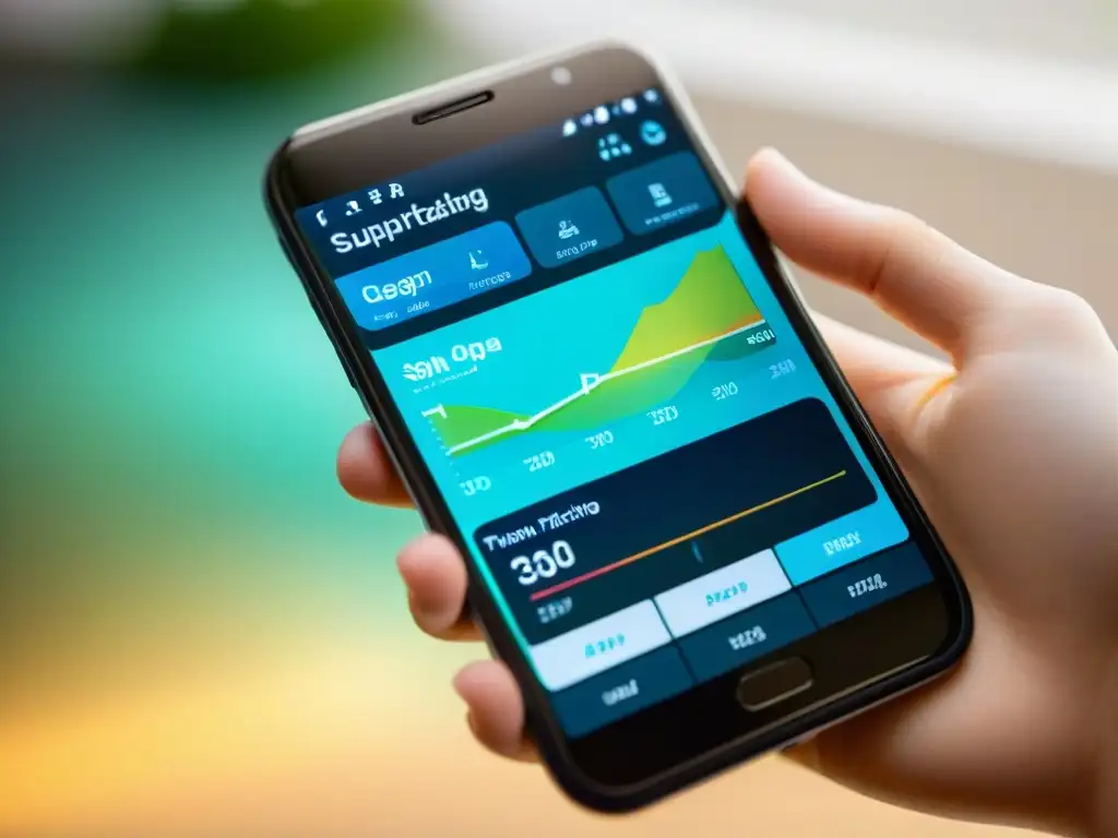 App de seguimiento de suplementos: interfaz moderna y datos detallados Mano sosteniendo smartphone con app de seguimiento de suplementos, gráficos vibrantes y recomendaciones basadas en evidencia