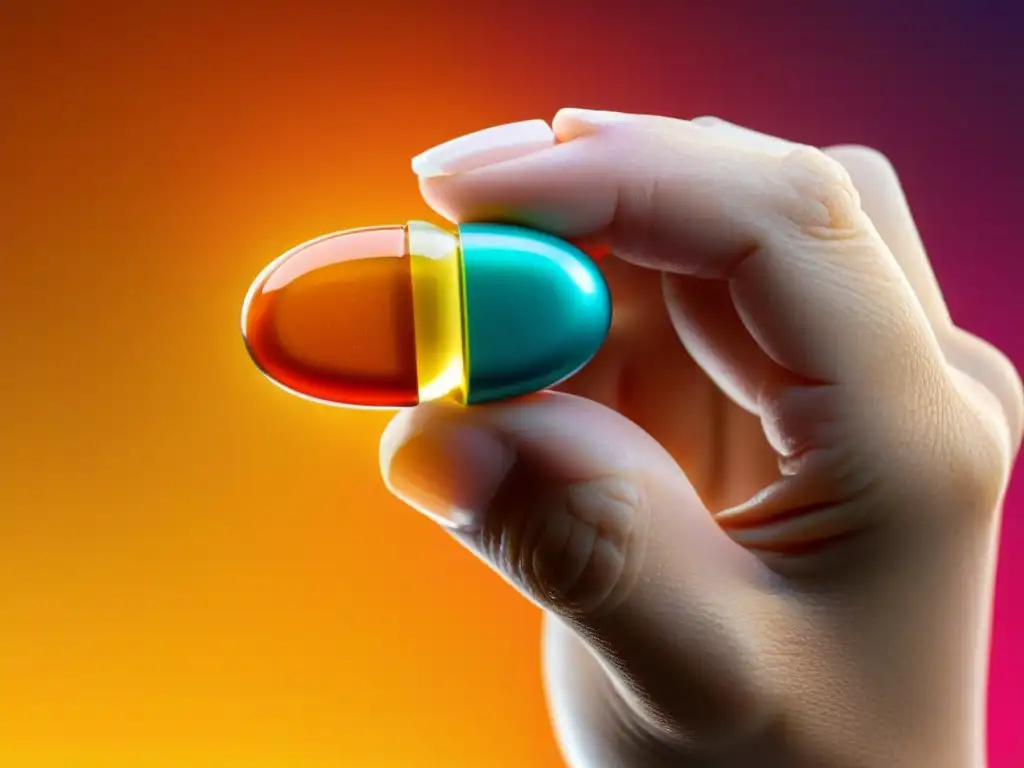 Detalles vibrantes: mano sosteniendo Centrum multivitamínico Una mano sostiene una sola pastilla de multivitamínico Centrum, destacando sus detalles e intensos colores