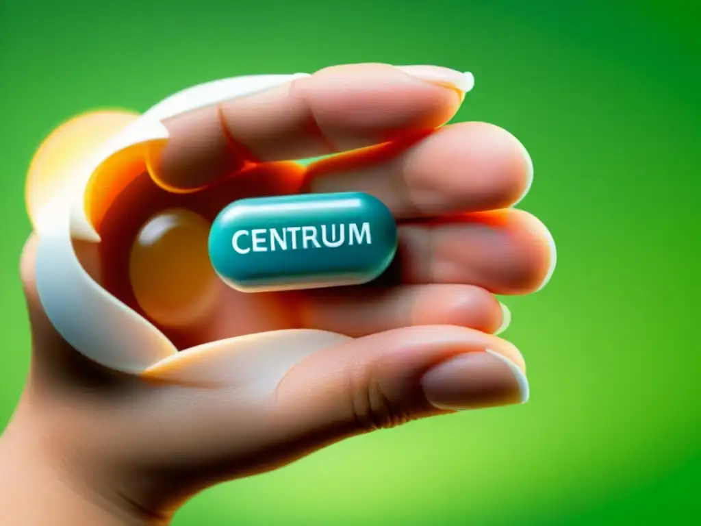 Detalle impresionante de mano sosteniendo Centrum Multivitamin Una mano sostiene una sola pastilla de multivitamínico Centrum, resaltando su textura y color