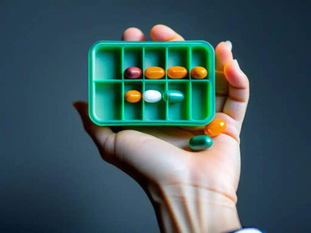 Suplementos de Fósforo: Cuidado Preciso para Huesos Fuertes Una mano coloca cuidadosamente un suplemento de fósforo en un organizador de pastillas, destacando la importancia para la salud ósea