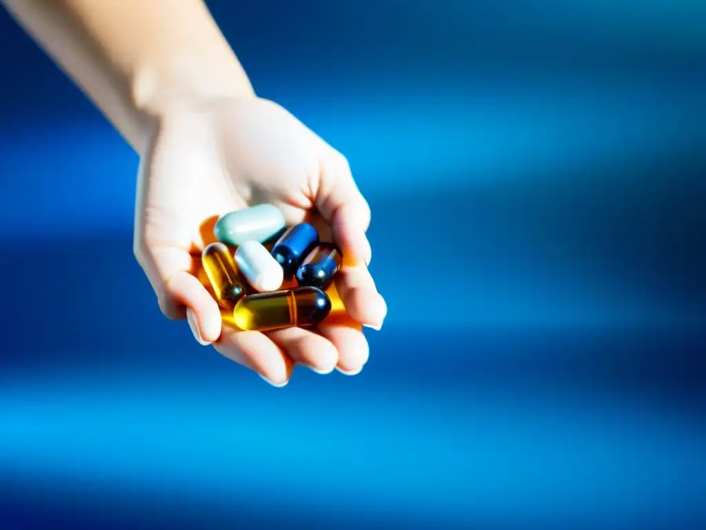 Suplementos para el corazón: salud y vitalidad Mano sostiene suplementos cardiosaludables en encimera moderna, transmitiendo vitalidad y profesionalismo