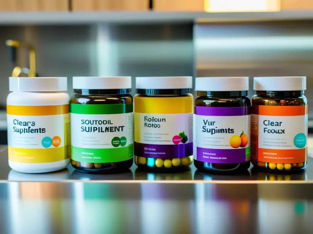 Suplementos para la concentración: precisión en la cocina Una mano sostiene suplementos coloridos en frascos etiquetados en una cocina moderna