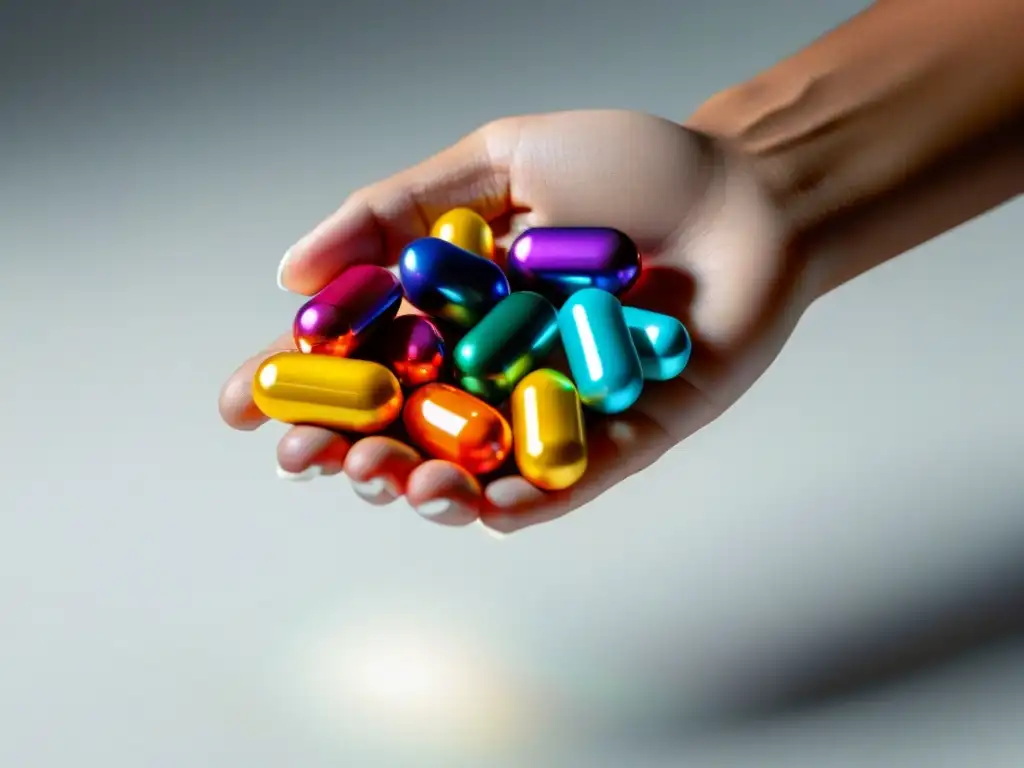 Mano sosteniendo suplementos coloridos Mano sosteniendo suplementos coloridos para revitalizar la atención, sobre superficie blanca brillante
