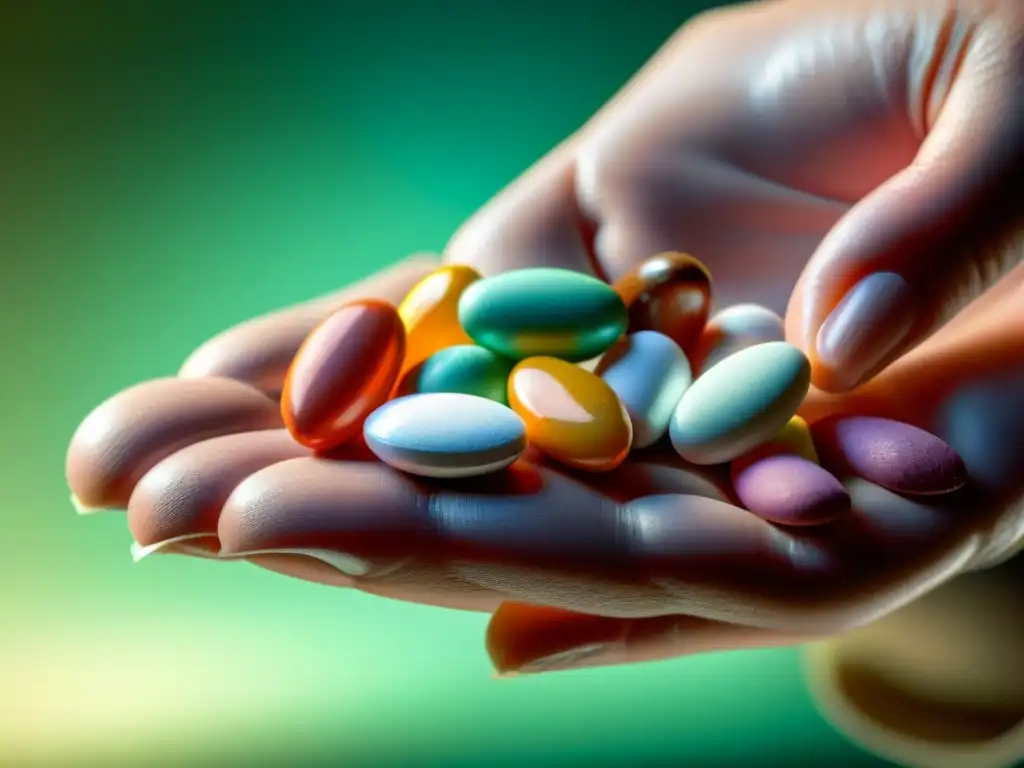 Mano sosteniendo variedad de píldoras y tabletas etiquetadas Una mano sostiene suplementos de hierro y medicamentos, con etiquetas claras y colores vibrantes, en una imagen detallada y nítida