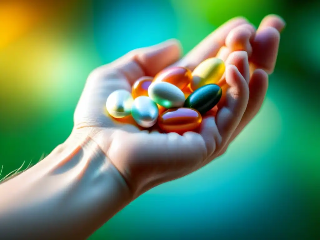 Suplementos de Calcio y Vitamina D: Colorida Toma Detallada Una mano sostiene suplementos para fortalecer huesos, destacando sus colores y texturas, con un toque de sofisticación