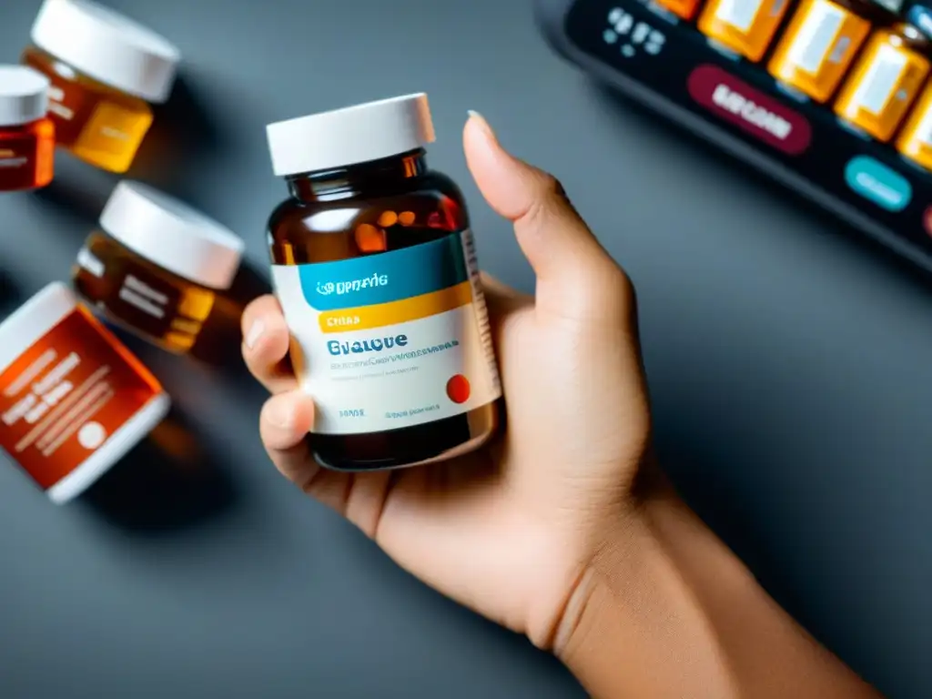 Mano con suplementos y monitor de glucosa Una mano sostiene suplementos para metabolismo óptimo, junto a un monitor de glucosa con lectura saludable