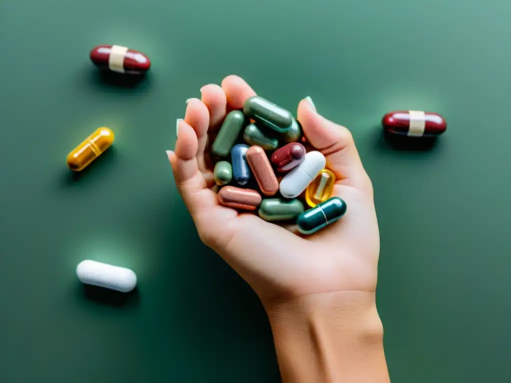 Suplementos de Rhodiola Rosea y Modafinil: Detalles Mano sosteniendo suplementos nutricionales para mejorar enfoque, en un fondo moderno y profesional