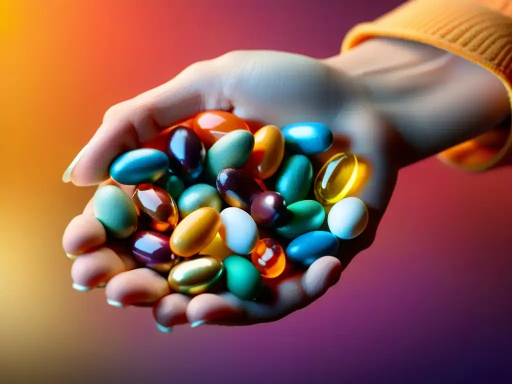 Captura detallada de mano con coloridas vitaminas y suplementos Mano sosteniendo suplementos nutricionales para estrés laboral, con cápsulas coloridas iluminadas por luz natural
