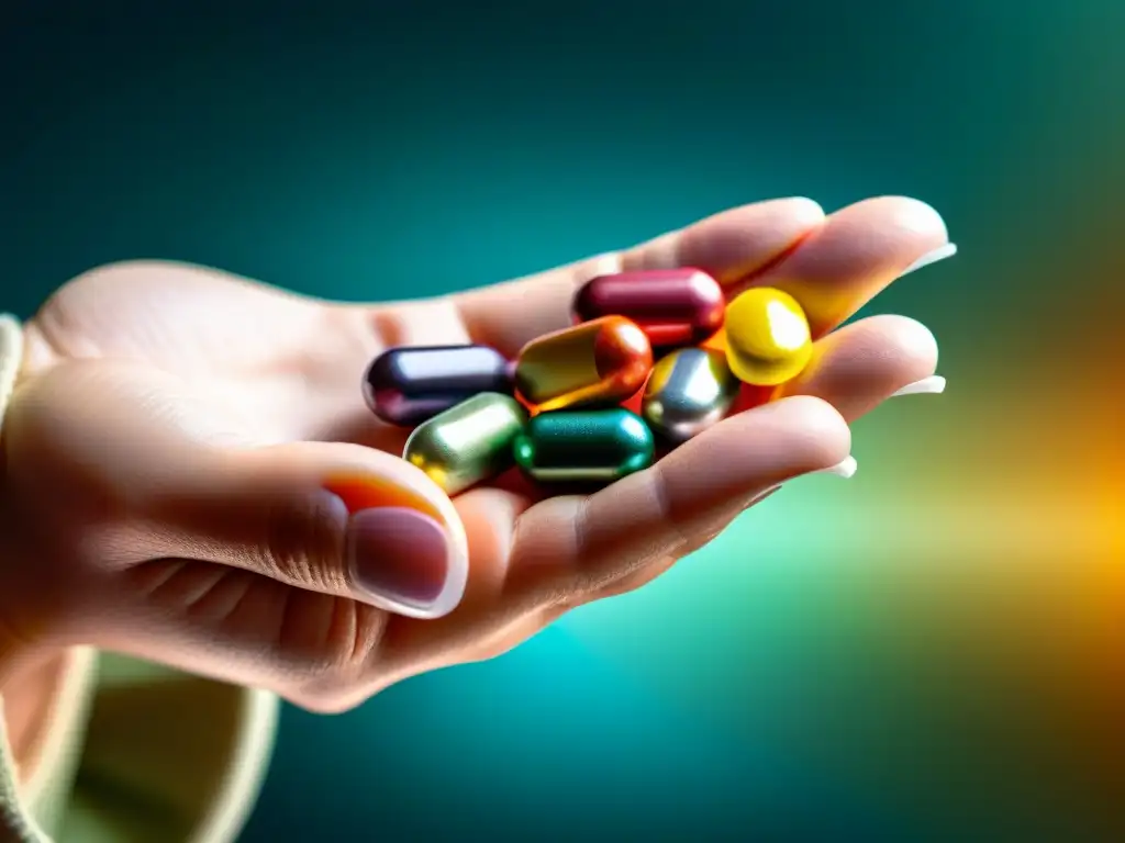Mano sosteniendo suplementos coloridos: precisión y vitalidad Una mano sostiene suplementos para recuperación neuromuscular, en cápsulas y tabletas de colores, con etiquetas claras y legibles