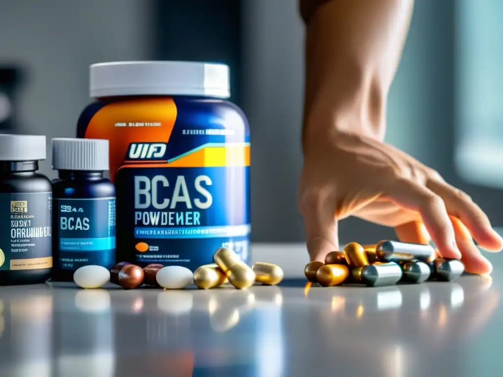Suplementos para recuperación muscular: ¡vibrante y aspiracional! Una mano sostiene suplementos para recuperación neuromuscular en una elegante encimera, resaltando colores y texturas