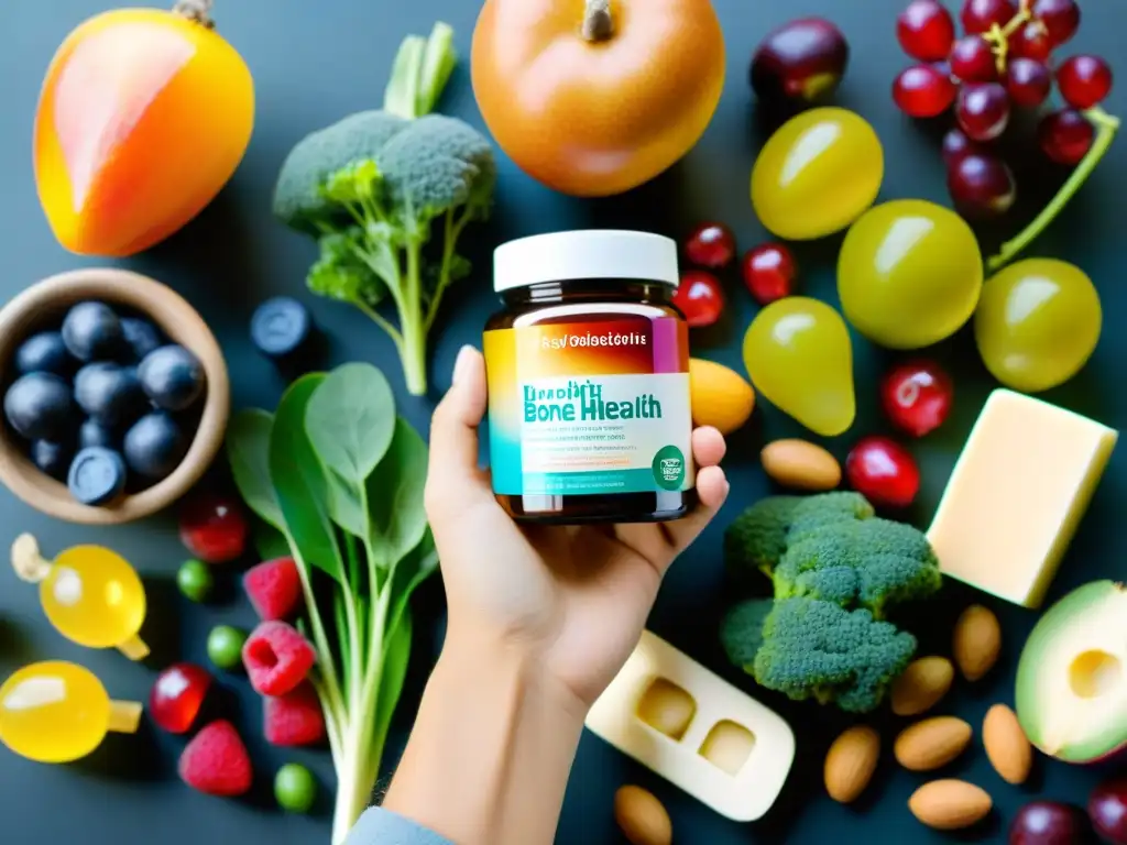 Suplementos para la salud ósea rodeados de alimentos frescos y coloridos Mano sosteniendo suplementos para salud ósea rodeada de frutas y verduras frescas