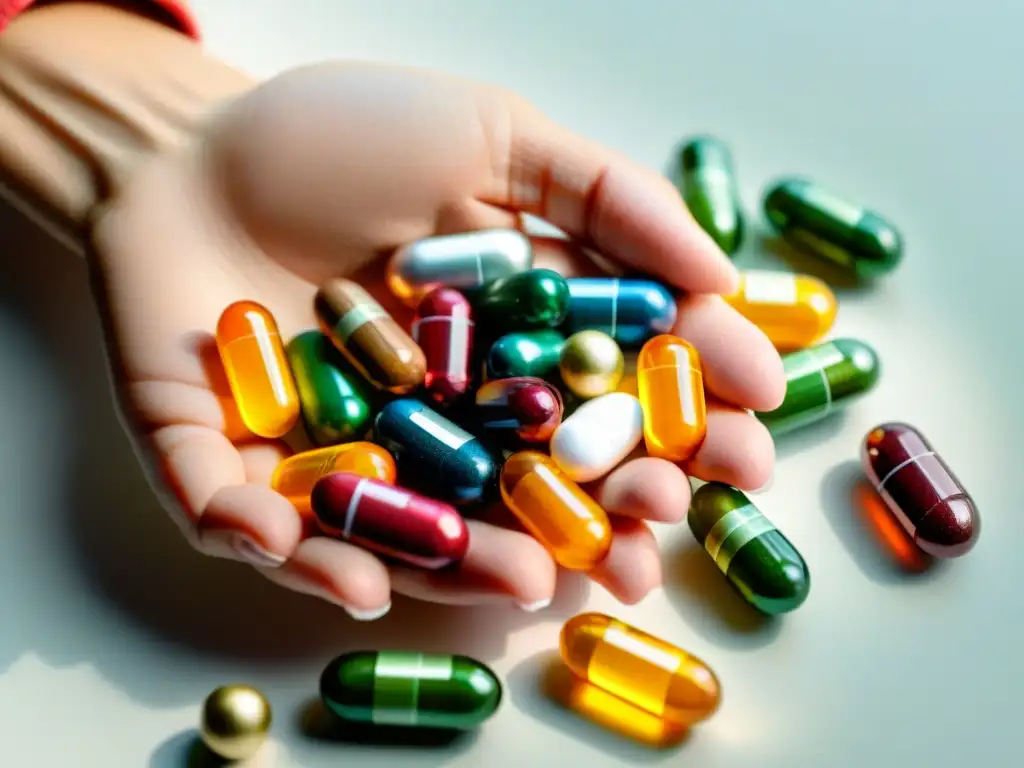 Suplementos vitamínicos para pacientes con cáncer Mano sostiene suplementos vitales para pacientes cáncer, coloridos y detallados, sobre fondo blanco