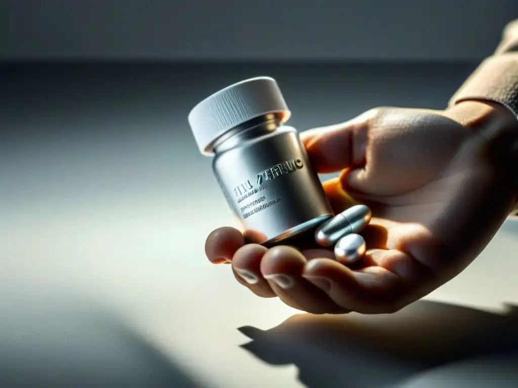Mano sosteniendo suplemento de zinc y antibióticos Mano sostiene suplementos de zinc y antibióticos sobre encimera blanca, con detalles y sombras realzados por la luz