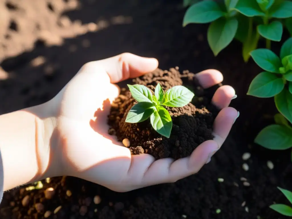 Mano sosteniendo tierra fértil bajo el sol Una mano sostiene tierra oscura con granos de magnesio brillando, rodeada de plantas vibrantes y luz solar