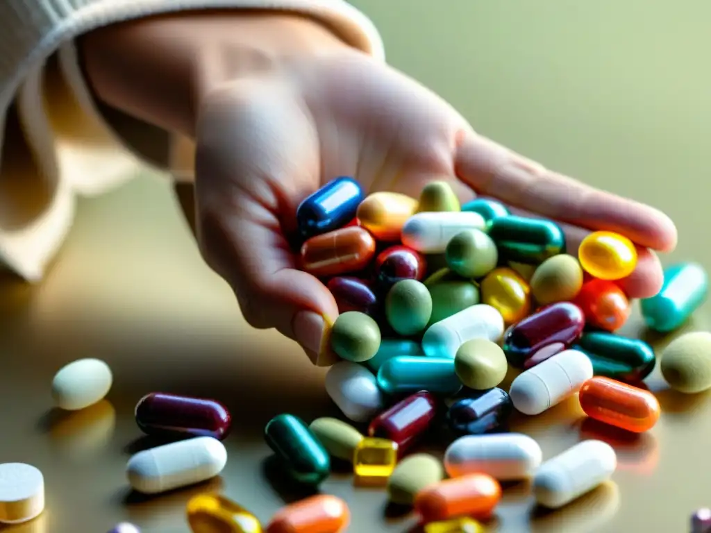 Mano sosteniendo suplementos vitamínicos coloridos Una mano sostiene una variedad de coloridos suplementos y vitaminas en un elegante mostrador, con etiquetas legibles y colores vibrantes