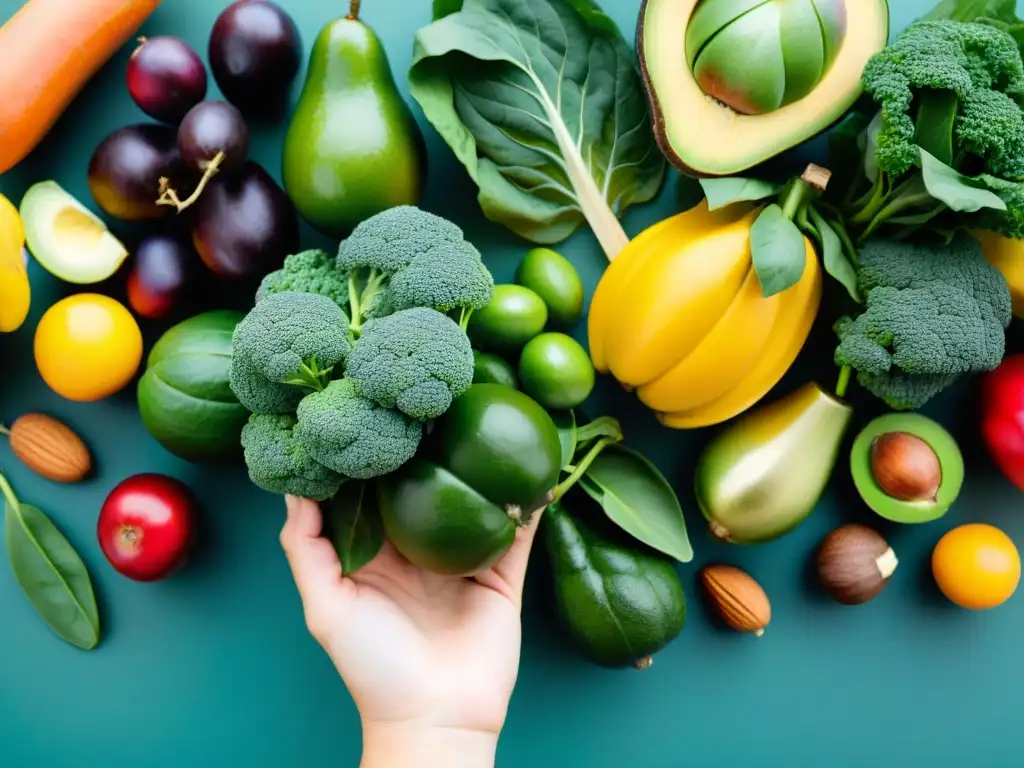 Mano cuidadosa elige alimentos ricos en magnesio Una mano sostiene una variedad de frutas y verduras coloridas ricas en magnesio
