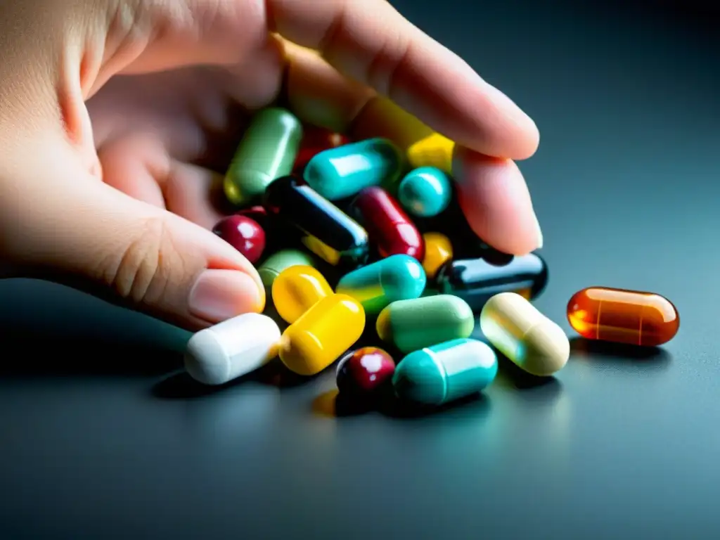 Mano sosteniendo píldoras coloridas, peligro y complejidad Una mano sostiene una variedad de píldoras y cápsulas coloridas, destacando el contraste entre la medicación vibrante y el fondo neutro