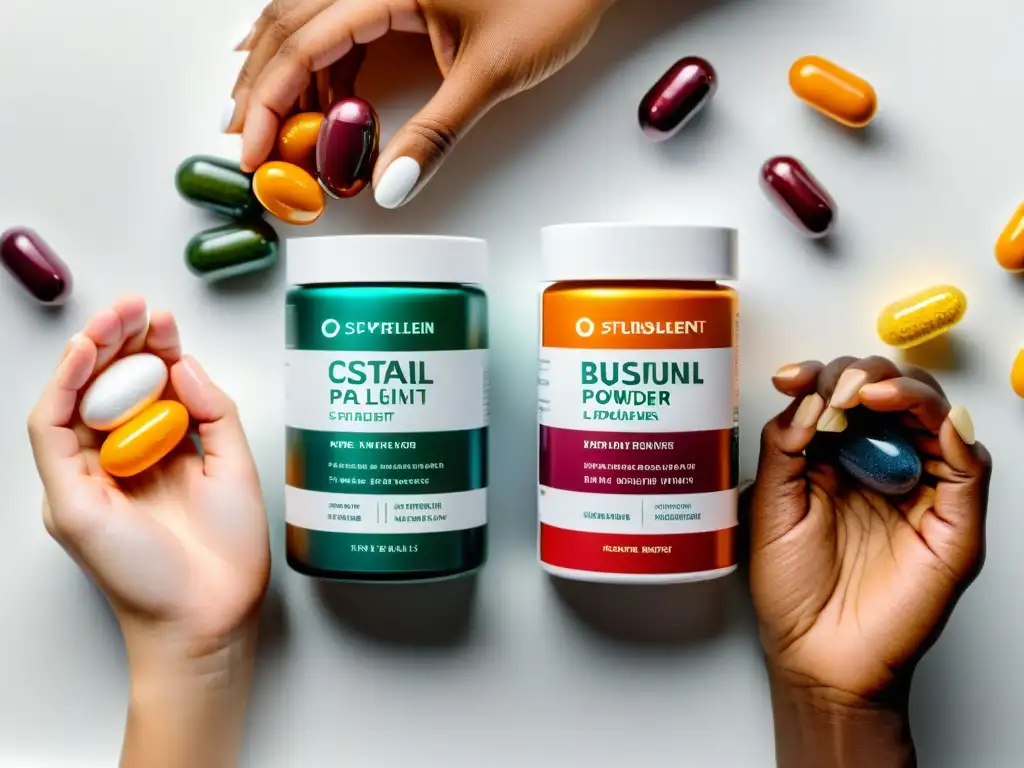 Suplementos para combatir fragilidad en la vejez Una mano sostiene una variedad de suplementos para combatir la fragilidad en la vejez, con colores vibrantes y tipografía clara