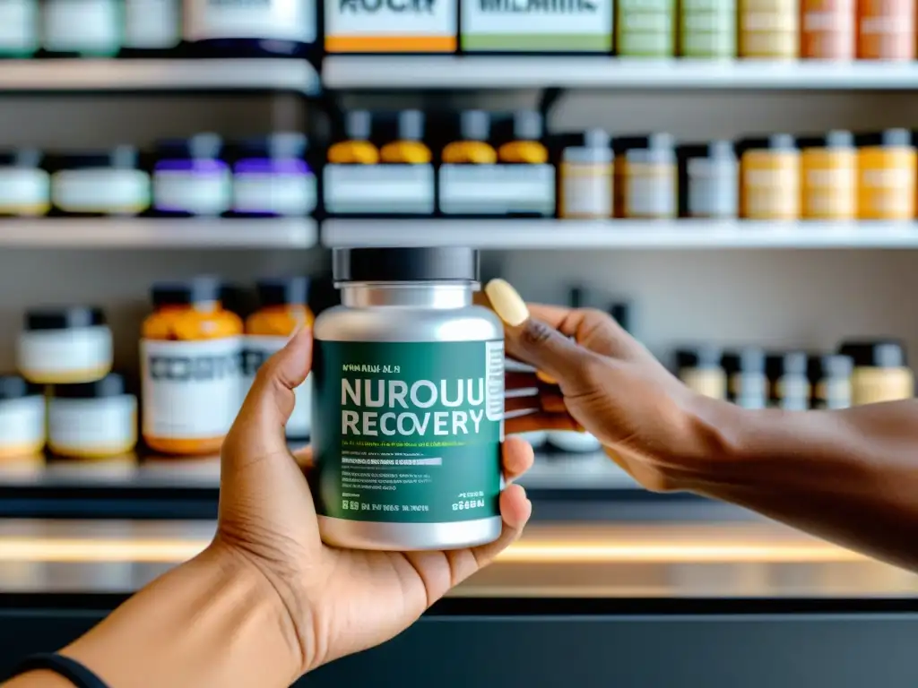Suplementos para recuperación neuromuscular: Detalles en mano Una mano sostiene una variedad de suplementos para recuperación neuromuscular, con etiquetas legibles y un fondo de cocina moderna y elegante
