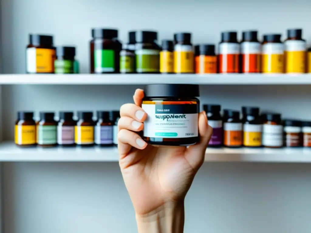 Suplementos variados en mano: guía para principiantes Una mano sostiene una variedad de suplementos sobre una superficie blanca, con diseño minimalista y legibles etiquetas