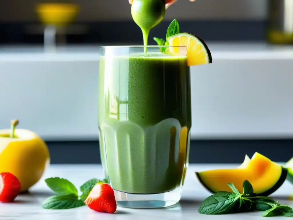 Refrescante batido detox con chia y lima Mano sosteniendo vaso con batido verde detox, frutas y verduras coloridas visibles