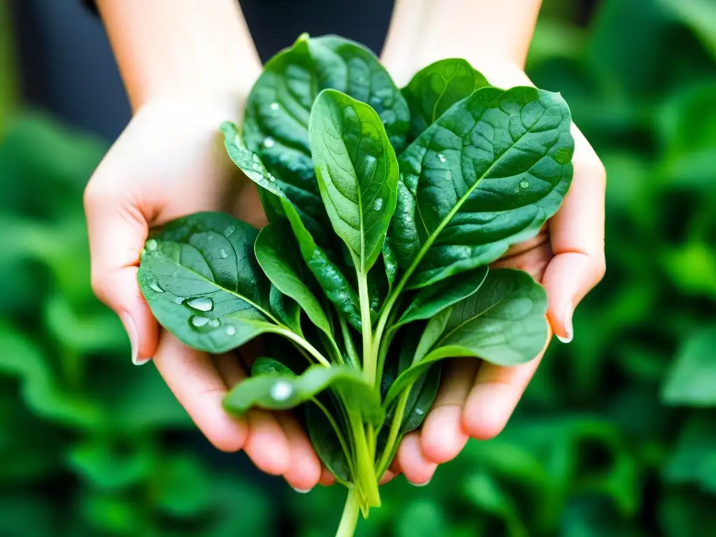 Mano con vegetales verdes frescos: alivio natural del estrés Mano sosteniendo vegetales verdes con gotas de agua