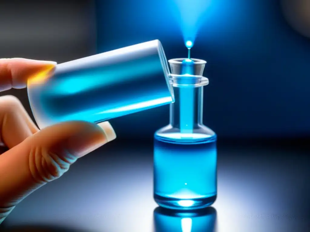 Vial de rubidio brillante en mano: ciencia en acción Mano sosteniendo vial de rubidio azul brillante en laboratorio moderno