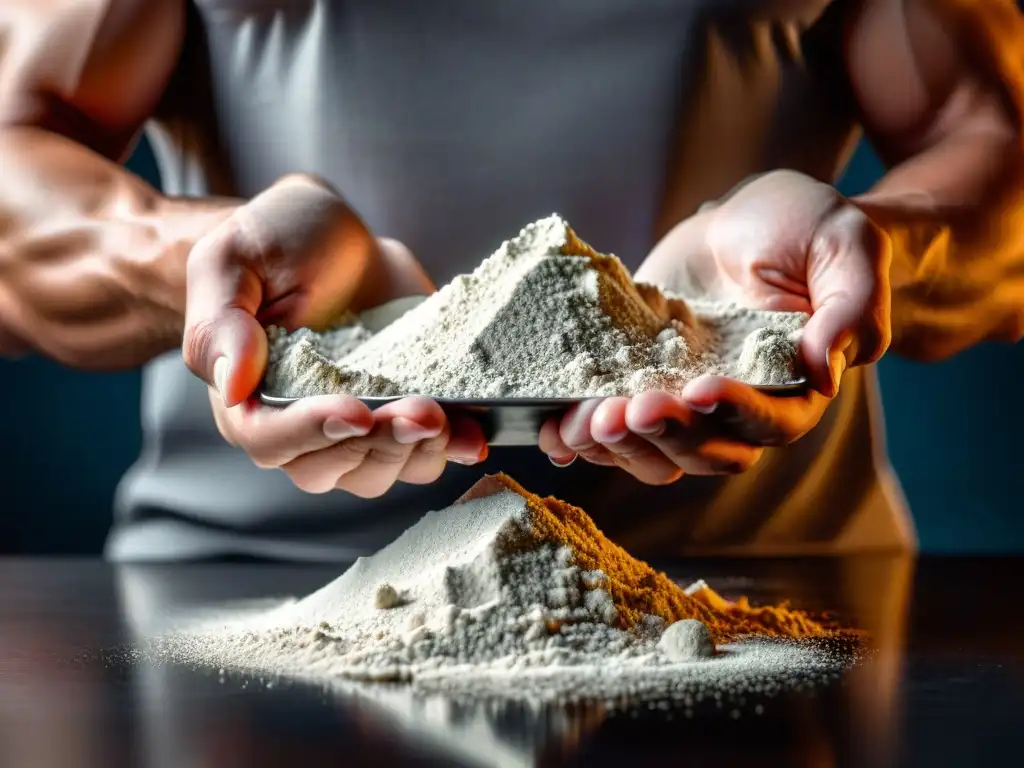Detalle asombroso: manos sostienen polvo preentrenamiento Manos sostienen con delicadeza un scoop de preentrenamiento en polvo, destacando su textura y profundidad, en un entorno científico moderno