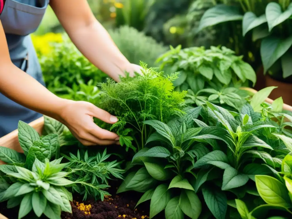 Jardín botánico: cosecha de hierbas vibrantes Manos expertas recolectando hierbas y plantas en un exuberante jardín botánico