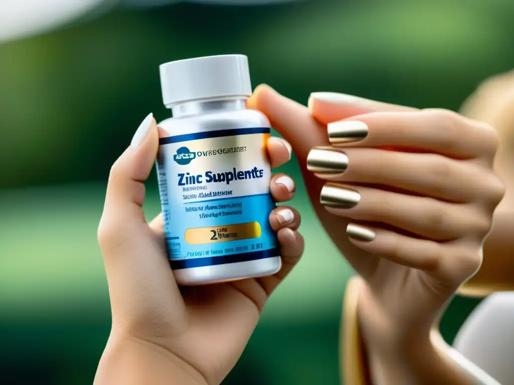 Suplemento de zinc para huesos: detalle impactante Manos femeninas sostienen elegante frasco de suplementos de zinc, resaltando beneficios para la salud ósea