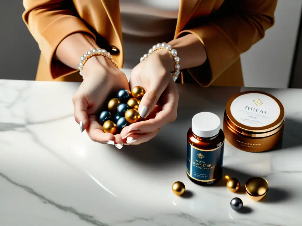 Suplementos antienvejecimiento de lujo: manos elegantes y modernas Manos femeninas sostienen suplementos premium para retrasar envejecimiento en elegante envase, sobre una encimera de mármol