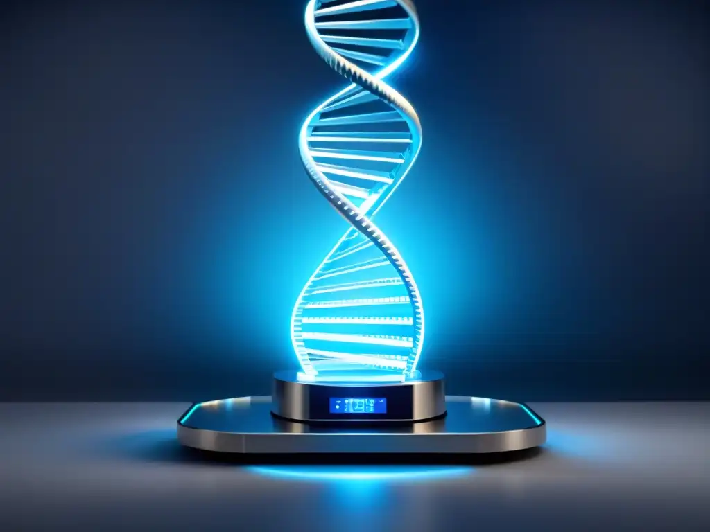 Una máquina futurista de secuenciación de ADN con superficies metálicas y acentos azules brillantes, rodeada por una hélice de ADN