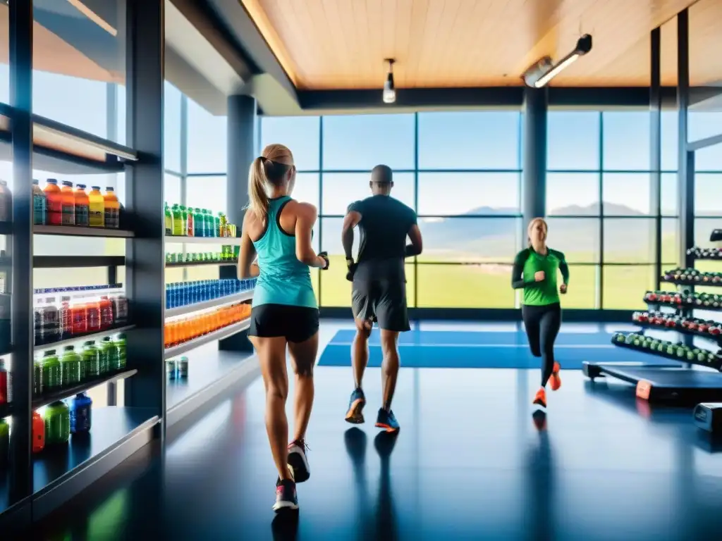 Runners en gimnasio moderno con suplementos deportivos de alta calidad Maratonistas en moderno gimnasio, recuperándose con suplementación postentrenamiento deportes resistencia
