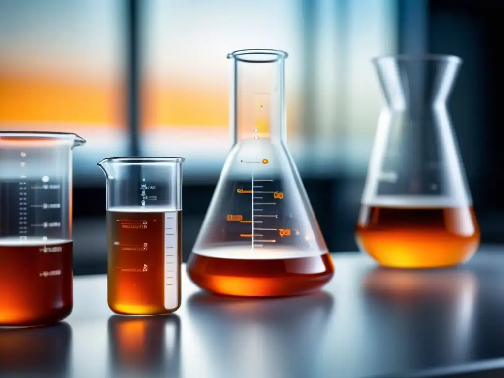 Beaker de Laboratorio con Líquido Naranja Vibrante Un matraz de laboratorio transparente lleno de un líquido naranja vibrante, con partículas suspendidas y efectos de luz suave
