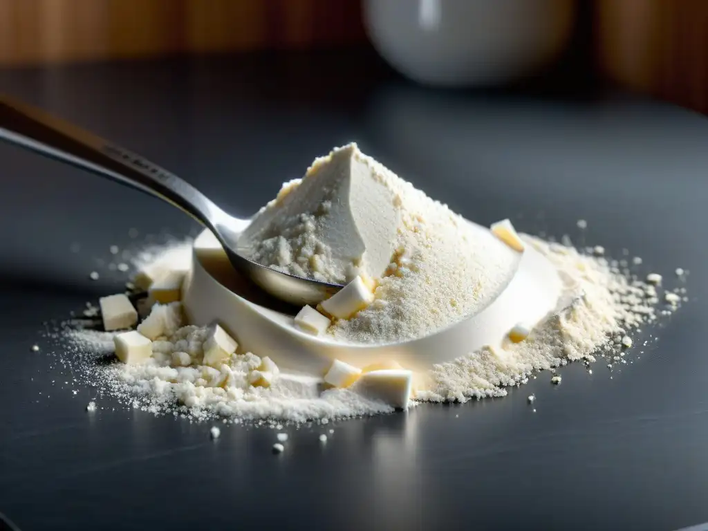 Proteína de suero: textura y pureza en imagen detallada Mejor suplemento proteico para músculos: Detalle de proteína de suero en elegante encimera de cocina, resaltando su pureza y calidad