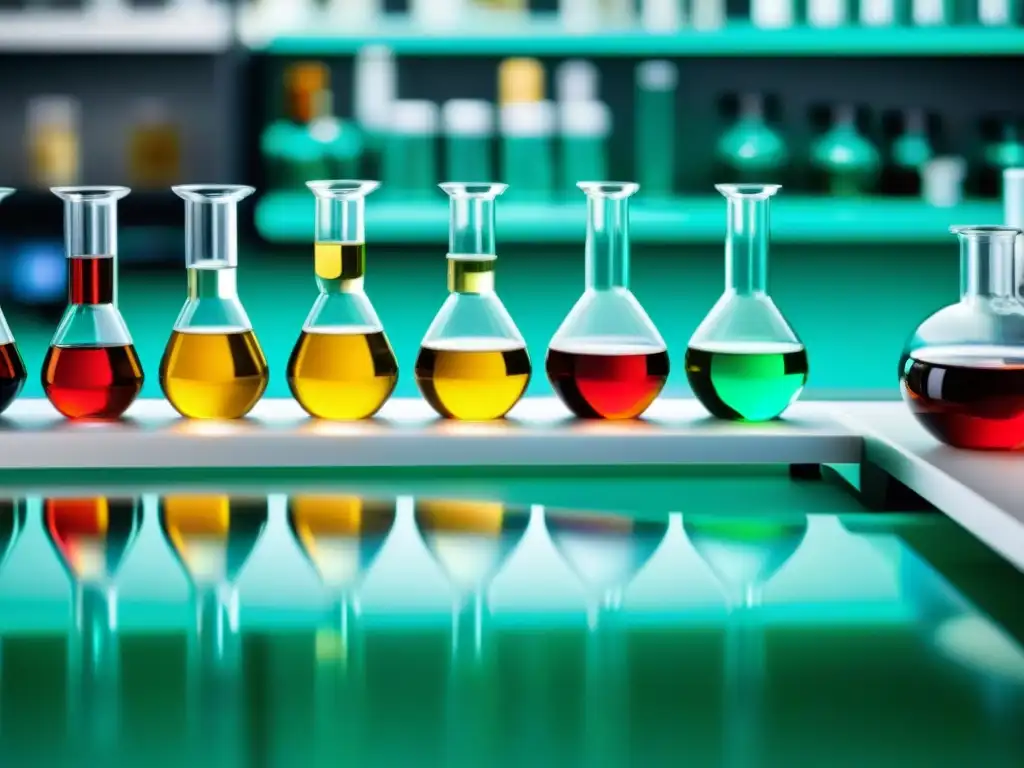 Suplementos nutricionales naturales y sintéticos: una comparativa visual Una mesa de laboratorio con tubos de ensayo y probetas llenas de suplementos naturales y sintéticos, rodeada de equipo científico
