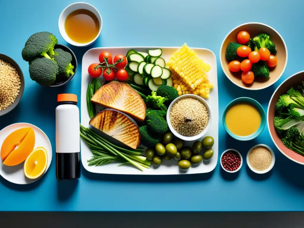 Comida de atleta: Nutrición y rendimiento deportivo en detalle Una mesa minimalista muestra una variedad de alimentos nutritivos y suplementos deportivos, destacando la interacción entre nutrientes y deporte