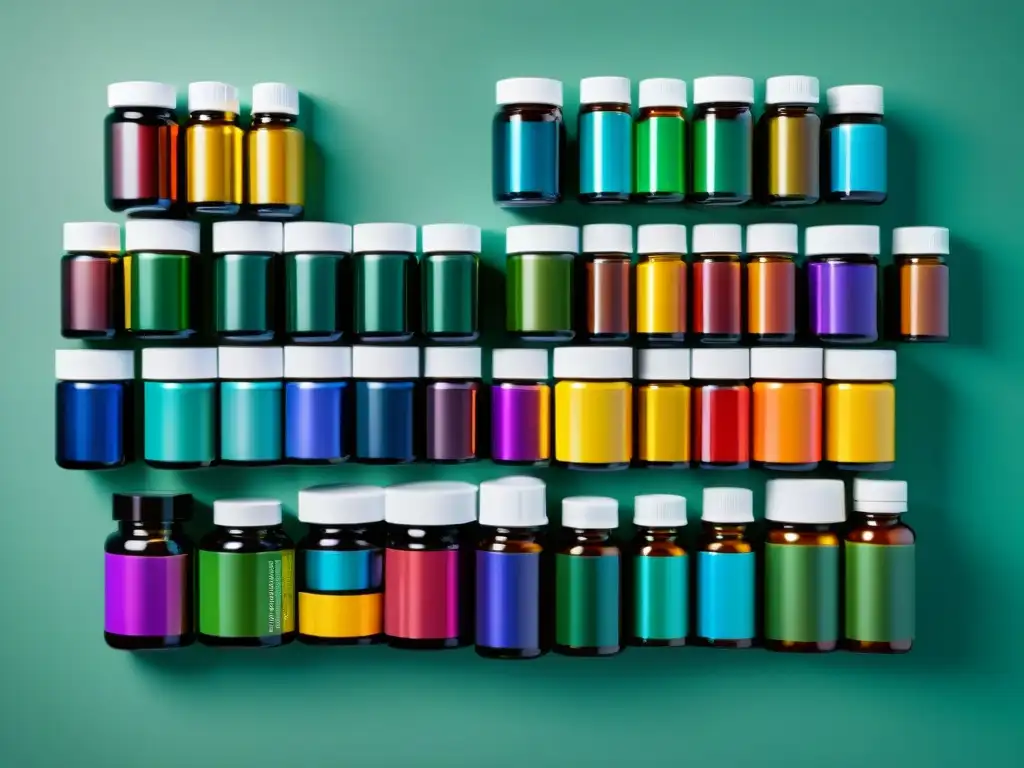 Suplementos y medicamentos organizados: precisión y modernidad Una mesa moderna con una variedad de suplementos y medicamentos organizados y etiquetados, transmitiendo precisión y vitalidad