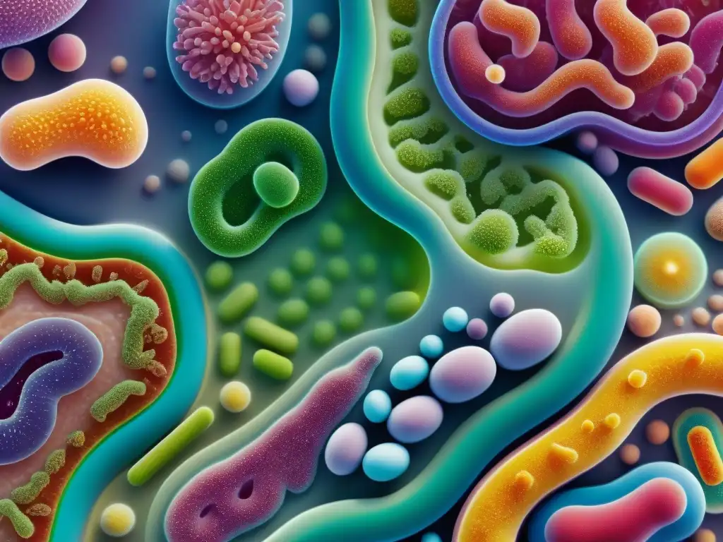 Microbiota intestinal: metrópolis vibrante de bacterias beneficiosas Una metrópolis vibrante de bacterias beneficiosas, representando la compleja y dinámica comunidad de microbiota intestinal