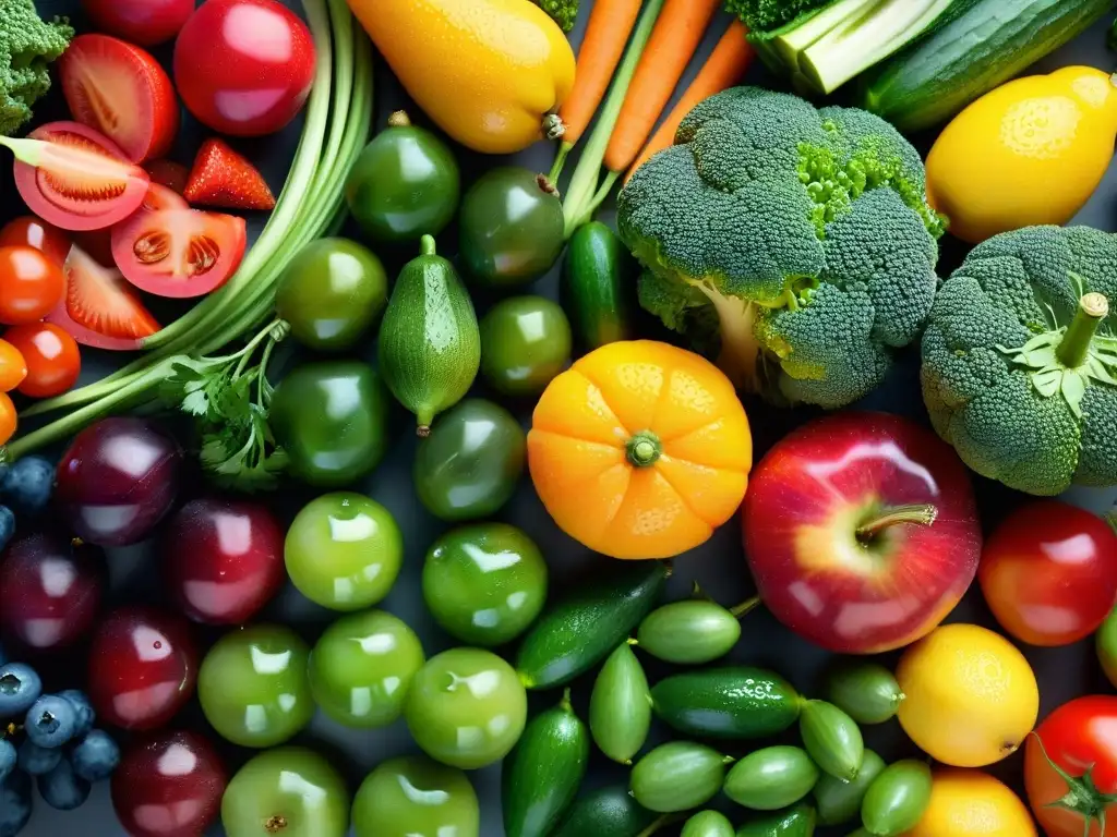 Exuberante frescura: variedad de frutas y verduras en alta resolución Una mezcla vibrante de frutas y verduras frescas, con colores y texturas variadas