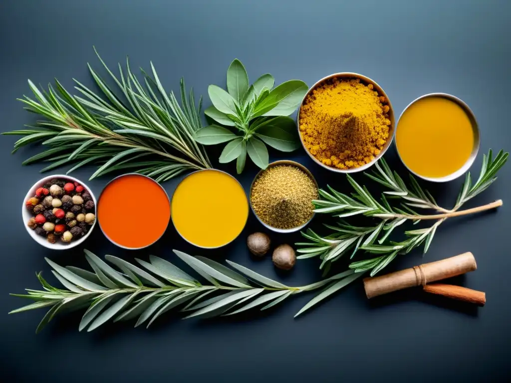 Variado y fresco: hierbas y especias para el alivio natural del dolor Mezcla vibrante de hierbas frescas y especias, evocando bienestar y alternativas naturales para el manejo del dolor crónico