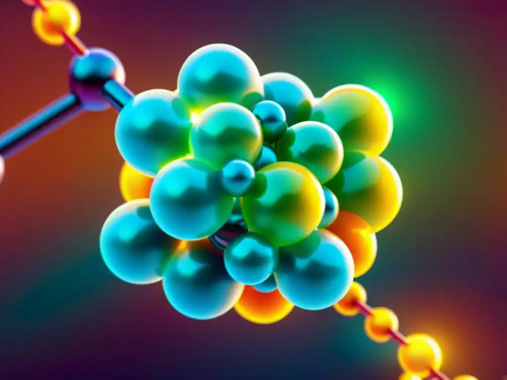 Coenzima Q10: Energía Vital en 3D Una representación moderna y cautivadora de la molécula de Coenzima Q10 en un entorno futurista y vibrante, con energía pulsante